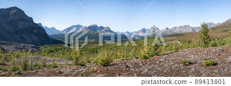 Panoramic view on beautiful alpine pass surrounded with mountains, Mt Assiniboine PP, Canada 89413801