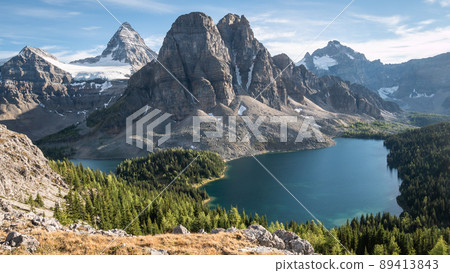 Beautiful alpine vista with view on mountains and lake, Mt Assiniboine Provincial Park, Canada Beautiful alpine vista with view on mountains and lake, Mt Assiniboine Provincial Park, Canada 89413843