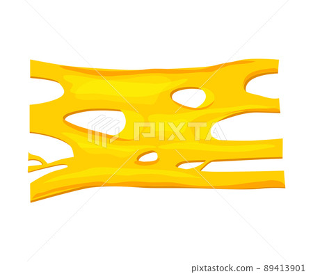 Flowing melted cheese. Vector cartoon background of hot cheddar, parmesan or holland cheesy with holes isolated on white background.  89413901