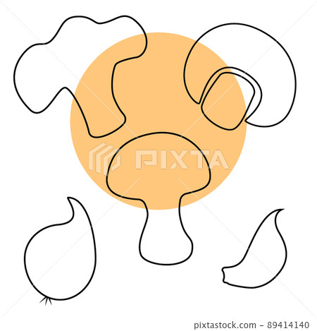 A set of freehand silhouette drawings of mushrooms, an onion head and a clove of garlic. A set of freehand silhouette drawings of mushrooms, an onion head and a clove of garlic. 89414140