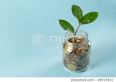 coins in a glass jar. money growth investment concept. Saving money and caring for the good distressed people of the planet. on blue background coins in a glass jar. money growth investment concept. Saving money and caring for the good distressed people of the planet. on blue background 89414831