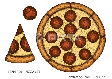 Pizza hand drawn vector illustrations collection. Colored pepperoni pizza. Pizza hand drawn vector illustrations collection. Colored pepperoni pizza. 89415432