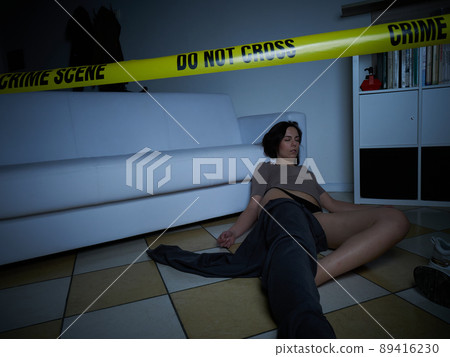 Crime Scene - Woman dead lying on the floor 89416230