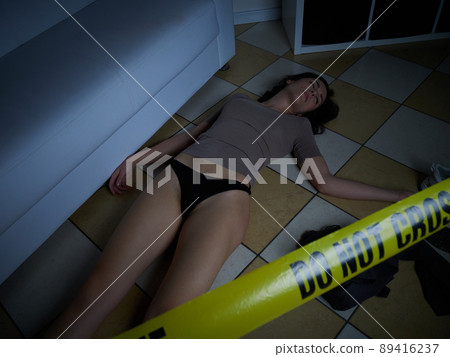 Crime Scene - Woman dead lying on the floor Crime Scene - Woman dead lying on the floor 89416237
