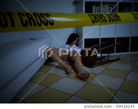 Crime Scene - Woman dead lying on the floor 89416245