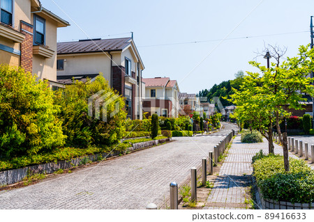 A suburban detached housing complex with lots of greenery and flowers. A luxurious and quiet residential area with blocks laid out on the road. A suburban detached housing complex with lots of greenery and flowers. A luxurious and quiet residential area with blocks laid out on the road. 89416633