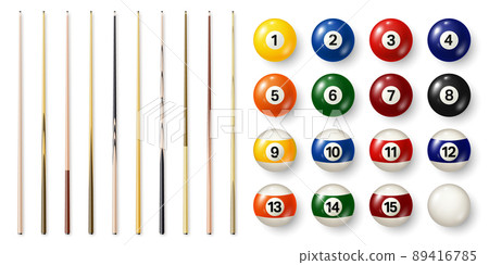 Colorful billiard balls with numbers and various pool cues. Glossy snooker ball. Sports equipment. Vector illustration. Colorful billiard balls with numbers and various pool cues. Glossy snooker ball. Sports equipment. Vector illustration. 89416785