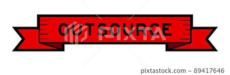 Ribbon label banner with word outsource in red color on white background 89417646