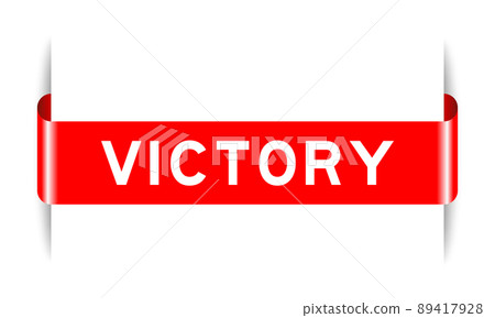 Red color inserted label banner with word victory on white background 89417928