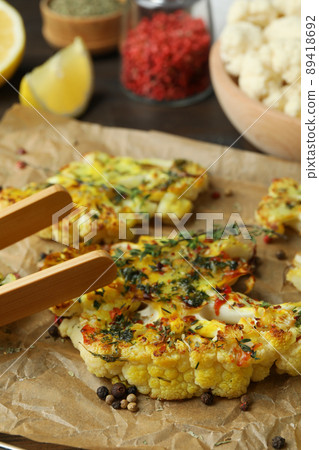 Concept of tasty food with baked cauliflower, close up 89418692