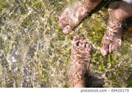 The concept of a couple on vacation, women's feet and men's feet in the water on a rock in the sea. Front view. The concept of a couple on vacation, women's feet and men's feet in the water on a rock in the sea. Front view. 89420179