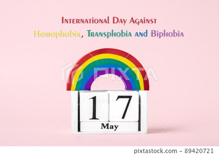 Rainbow LGBT symbol, calendar isolated on pink background 17 May - International Day Against Homophobia, Transphobia and Biphobia concept Greeting card. 89420721