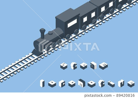 Isometric illustration of a simple silhouette of a steam locomotive. 89420816