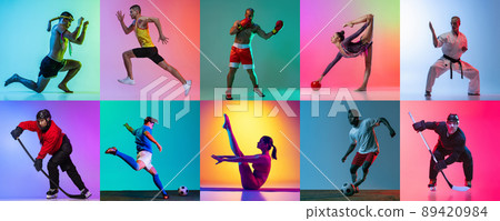 Collage. Portraits of sportive people training isolated over multicolored background in neon. 89420984