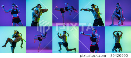 Collage. Set of portraits of sportive people, female MMA fighter and thai boxer in action isolated over multicolored background in neon light 89420990
