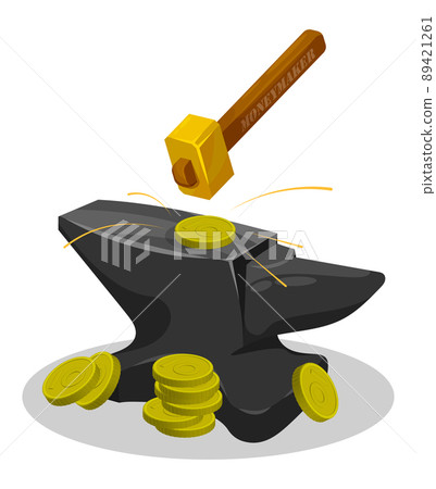 Magical tool for making money. Minting of metallic coins in ancient times. Hammer and anvil. Cartoon vector isolated on white background 89421261