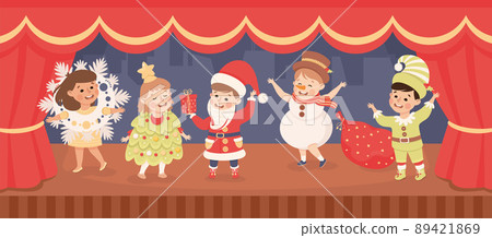 Children in Theater Play Wearing Costumes Performing on Stage Vector Illustration Children in Theater Play Wearing Costumes Performing on Stage Vector Illustration 89421869