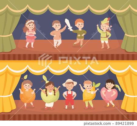 Children in Theater Play Wearing Costumes Performing on Stage Vector Set 89421899