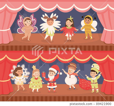 Children in Theater Play Wearing Costumes Performing on Stage Vector Set 89421900