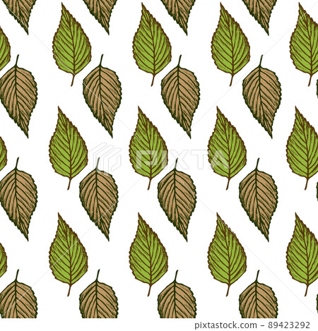 Seamless pattern engraved tree leaves. Vintage background botanical with foliage in hand drawn style. 89423292