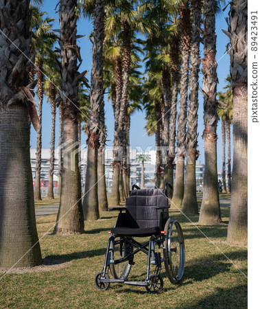 Empty wheelchair under palm trees on a sunny summer day. Empty wheelchair under palm trees on a sunny summer day. 89423491