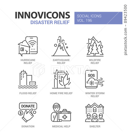 Natural disaster relief - line design style icons set Natural disaster relief - line design style icons set 89423500