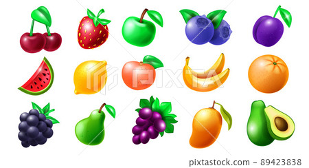 Casino slot fruit vector icon set, gambling machine cherry Vegas illustration kit, glossy strawberry 89423838
