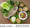 Isan food is delicious, Thailand food, Top view, Warm color tone 89425045