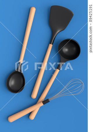 Wooden kitchen utensils, tools and equipment on blue background. 89425191