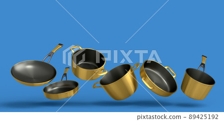 Set of flying stewpot, frying pan and chrome plated cookware on blue background 89425192