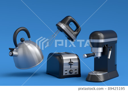 Espresso coffee machine, hand mixer, kettle and toaster on blue background. Espresso coffee machine, hand mixer, kettle and toaster on blue background. 89425195