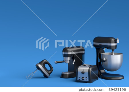 Espresso coffee machine, hand mixer, kettle and toaster on blue background. Espresso coffee machine, hand mixer, kettle and toaster on blue background. 89425196