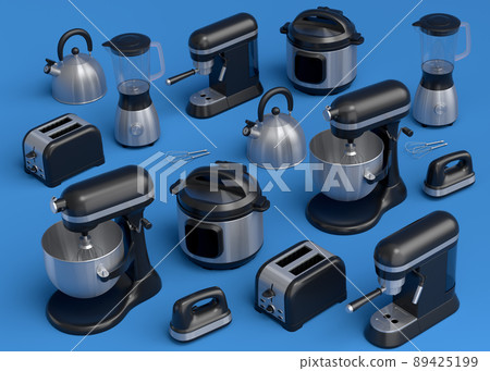 Electric kitchen appliances and utensils for making breakfast on blue background 89425199