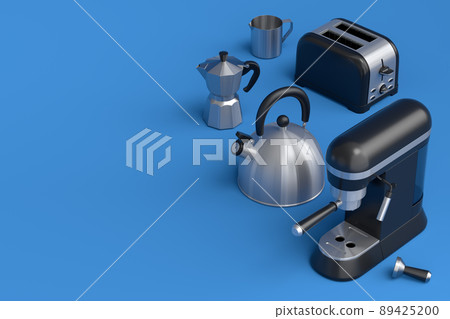 Kettle, toaster, coffee machine with horn and geyser coffee maker on blue 89425200