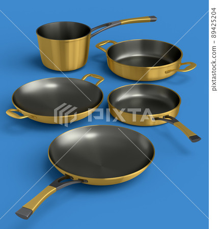 Set of stewpot, frying pan and chrome plated cookware on blue background Set of stewpot, frying pan and chrome plated cookware on blue background 89425204