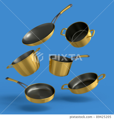 Set of flying stewpot, frying pan and chrome plated cookware on blue background 89425205