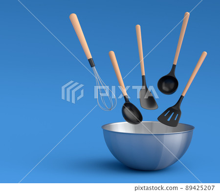 Metal bowl with kitchen utensil for preparation of dough on blue background. 89425207
