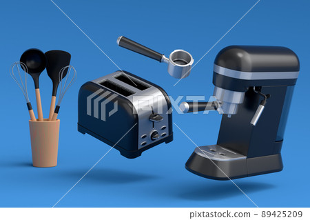 Espresso coffee machine with horn and toaster on white background. 89425209