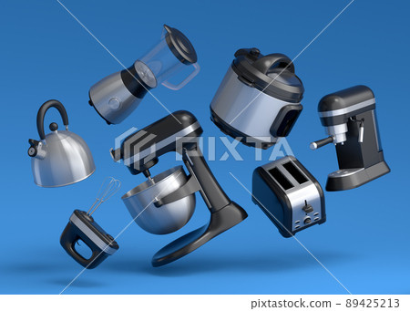 Electric kitchen appliances and utensils for making breakfast on blue background 89425213