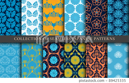 Japanese Asian spring traditional seamless patterns collection set in blue yellow colors Japanese Asian spring traditional seamless patterns collection set in blue yellow colors 89425335