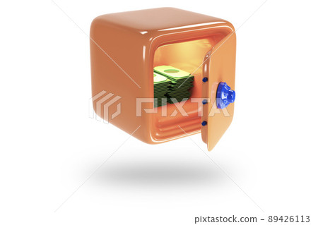 Safe with money and dollars. Icons of safe for bank. Vault with lock. Protection, security concept. 3D render Safe with money and dollars. Icons of safe for bank. Vault with lock. Protection, security concept. 3D render 89426113