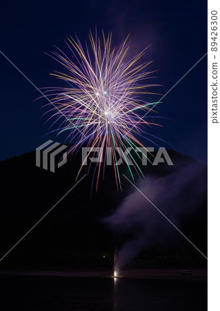 Fireworks of Gifu Castle and Nagara River illuminated in blue Fireworks of Gifu Castle and Nagara River illuminated in blue 89426300