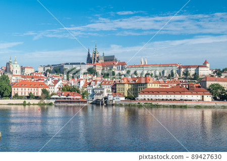 View of hill and Vltava river in old town of Prague, Czech Republic. 89427630