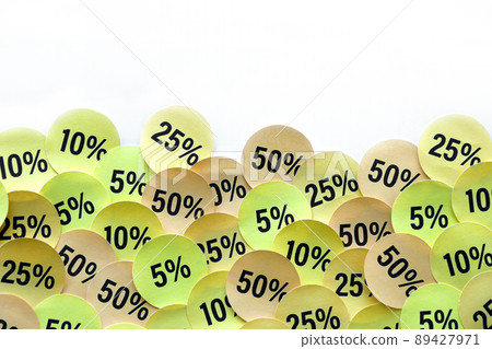 Large amount of stickers with yellow percentage values for black friday or cyber monday sale. Abstract image of discount prices Large amount of stickers with yellow percentage values for black friday or cyber monday sale. Abstract image of discount prices 89427971