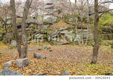 Granite rocks of Bukski Canyon in autumn. Picturesque landscape and beautiful place in Ukraine Granite rocks of Bukski Canyon in autumn. Picturesque landscape and beautiful place in Ukraine 89428043