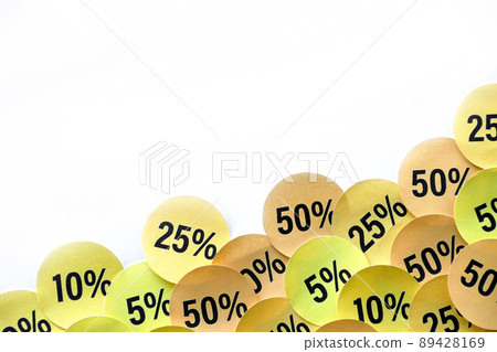 Large amount of stickers with yellow percentage values for black friday or cyber monday sale. Abstract image of discount prices 89428169