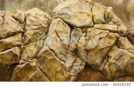 Light coarse natural rock stone background. Mining cliff rough front surface. Big limestone stack backdrop. Heavy grunge damaged granite block texture 89428199