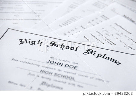 High School Diploma copy lies on many pages of alghebra and geometry tests and tasks. Graduation document High School Diploma copy lies on many pages of alghebra and geometry tests and tasks. Graduation document 89428268