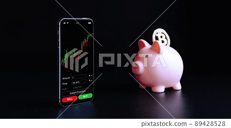 Bitcoin wallet. Gold crypto currency BTC bitcoin, pink piggy bank. Crypto currency trading mobile phone application on black background. Save virtual money concept. Bitcoin wallet. Gold crypto currency BTC bitcoin, pink piggy bank. Crypto currency trading mobile phone application on black background. Save virtual money concept. 89428528