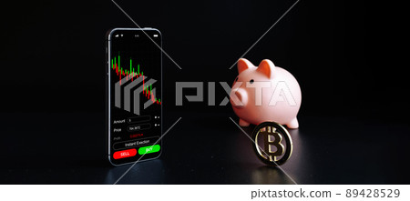 Bitcoin wallet. Gold crypto currency BTC bitcoin, pink piggy bank. Crypto currency trading mobile phone application on black background. Save virtual money concept.  89428529